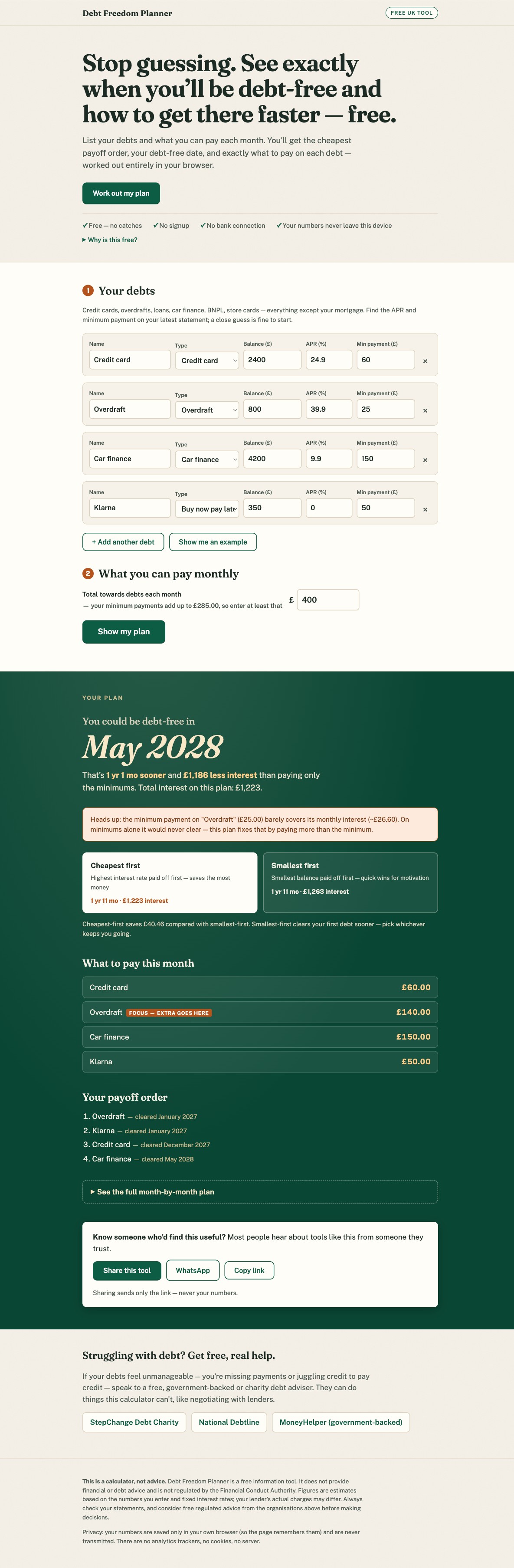 Full page screenshot of Debt Freedom Planner